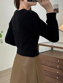 Mới Mùa Xuân Và Mùa thu Thêu Ba chiều Hoa Cổ chữ V Áo len Mở - màu đen - Xem 2