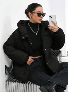 SHEIN Essnce 休闲纯色连帽加厚棉服外套，冬装 - 黑色 - 查看 5