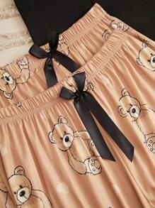 Bear Print Tee & Bow Front Shorts & Pants PJ Set / Pajama Set - Multicolor - View 4