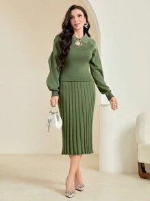 Modelyn Keyhole Neckline Lantern Sleeve Sweater & Knit Skirt - Army Green - View 3
