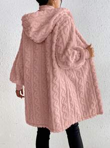 SHEIN Frenchy Solid Color Lantern Sleeve Hooded Plush Jacket - Dusty Pink - View 2