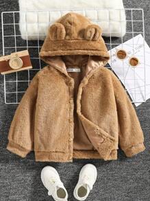 SHEIN Young Boy Cartoon Bear Pattern 3D Ears Design Hooded Teddy Jacket - Khaki - View 4