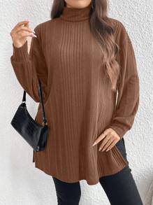 SHEIN LUNE Plus Turtleneck Drop Shoulder Split Hem Tee - Khaki - View 3