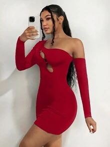 SHEIN SXY 不對稱領鏤空緊身洋裝 - 紅色 - 查看 4