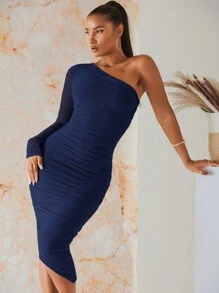 SHEIN BAE Vestido ajustado de un hombro fruncido - Azul Marino - Ver 1
