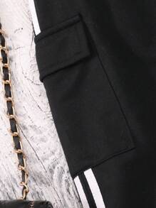 SHEIN Tween Girl Contrast Striped Flap Pocket Side Skirt - Black - View 3