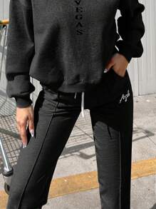 RueChic Letter Embroidery Drawstring Waist Sweatpants - Black - View 4