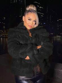 SHEIN SXY Plus Size Women's Sexy & Elegant Party Black Faux Fur Collar Drawstring Jacket, Autumn/Winter