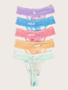 5入組女式蕾絲、格子和網紗拼接丁字褲內衣 - 彩色 - 查看 2