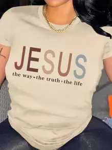 SHEIN Women's Letter Printed T-Shirt JESUS The Way Love The Truth Love The Life Graphic Tees Women Tops - Beige - View 1