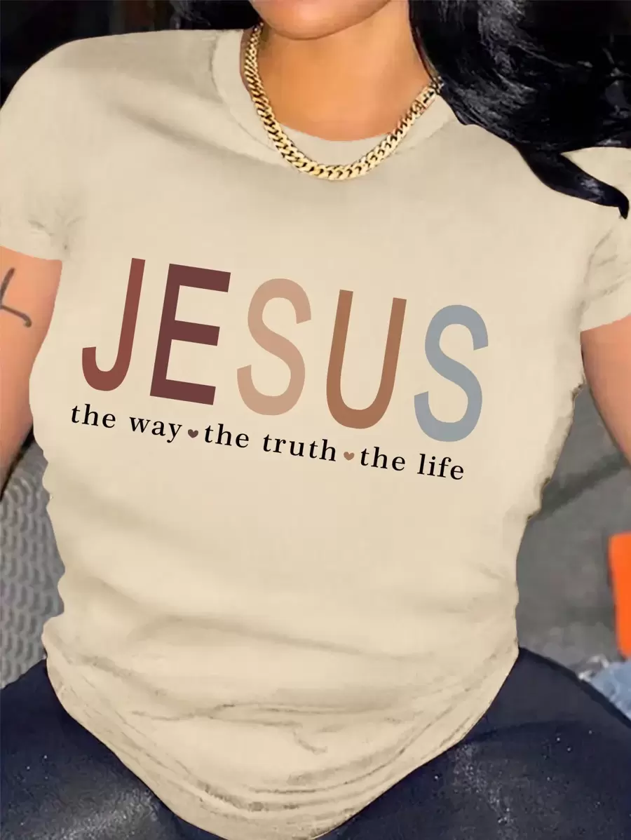 SHEIN Women's Letter Printed T-Shirt JESUS The Way Love The Truth Love The Life Graphic Tees Women Tops - Beige - View 1