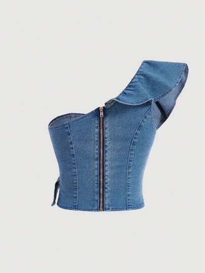 SHEIN MOD Women's Denim One Shoulder Ruffle Edge Top