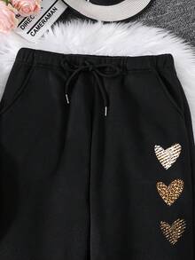 SHEIN LUNE 女士愛心印花運動衫和運動褲套裝 - 黑色 - 查看 3