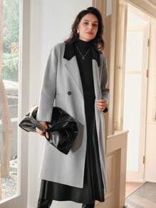 Anewsta Contrast Collar Double Button Overcoat - Silver - View 3