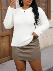 Calvaya Plus Solid Fluffy Knit Sweater, For Winter Knit Pullover Fall Outfit - White - View 5