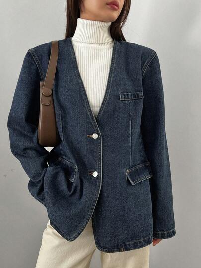 Dazy Star Women's V Neck Long Sleeve Denim Jacket