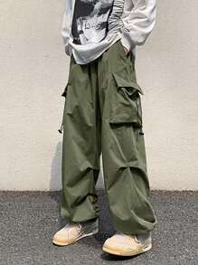 ROMWE MEN Street Life Pantalones De Hombres Tipo Cargo Con Bolsillos Con Solapa - Verde militar - Ver 1