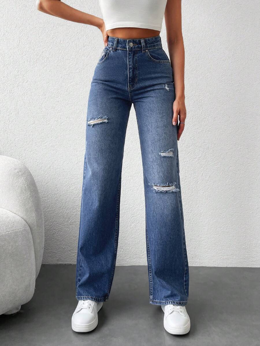 SHEIN Cottnline High Waisted Ripped Straight Leg Jeans - Blue - View 1