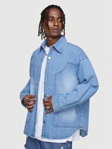 ROMWE MEN Street Life Men'S Drop Shoulder Denim Jacket - Blue - View 3