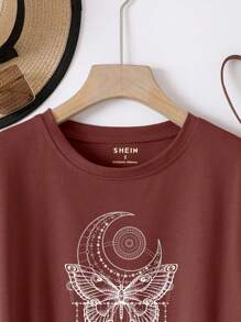 INAWLY 短袖 T 恤 图案 T 恤 女式上衣 - 鏽棕色 - 查看 4