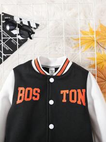 SHEIN Chaqueta polar de Color de contraste cálido, práctica, suave, sencilla, informal, a la moda, para niño joven, con detalle de letras para otoño e invierno