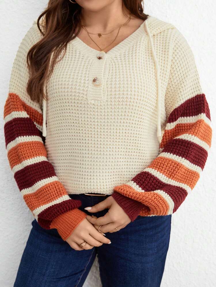 Plus Striped Pattern Drop Shoulder Drawstring Hooded Sweater