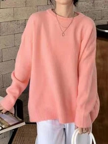 Chất rắn Thả vai Áo len Oversized - Hồng - Xem 4