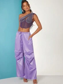 SHEIN BAE Một bờ vai Chi tiết dây kéo Chèn lưới Top Cây trồng - Màu tím - Xem 5