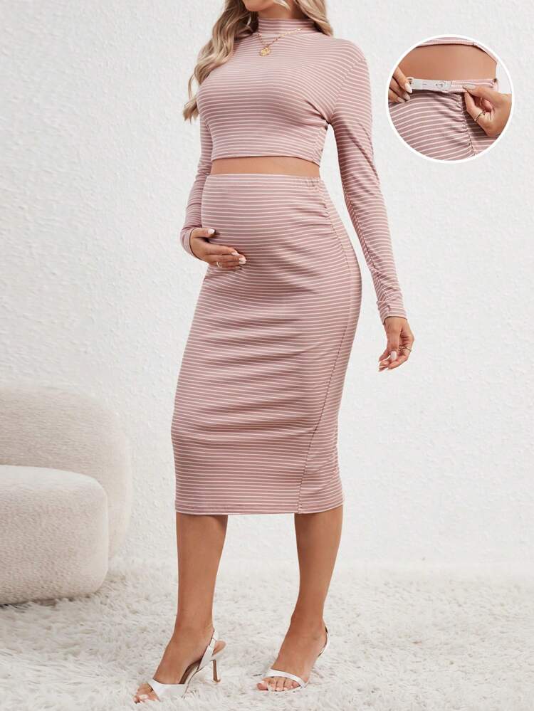 Maternity Striped Mock Neck Tee & Adjustable Waist Split Hem Skirt