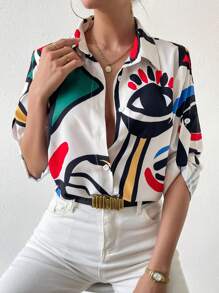 Chiquease Camisa De Botones Estampado De Dibujos Animados Con Mangas Enrolladas - Multicolor - Ver 2