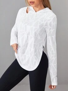 SHEIN Sports 几何印花弧形下摆镂空细节运动卫衣，女士网球服秋季长袖卫衣 - 白色 - 查看 7