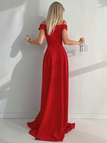 Cold Shoulder Split Thigh Dress - Red - View 2