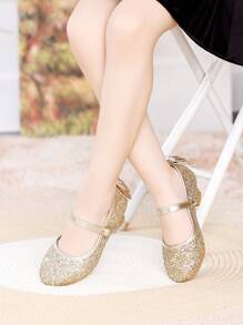 Winter Party Dress Matched With Gold Bow Decorated Children's High Heels - Gold - View 4