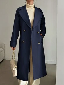 EURMUSE Abrigo De Lana Cruzado De Color Liso Para Mujer Con Cuello De Traje - Azul Marino - Ver 3