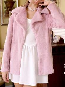 SHEIN Unity Lapel Neck Open Front Fuzzy Coat - Dusty Pink - View 3