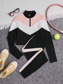 SHEIN Leap Crew Teenage Girls' Knit Patchwork Stand Collar Half Placket T-shirt And Pants Set - Multicolor - View 6