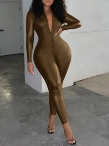 Slaydiva 拉鍊純色女士緊身連體褲 - 棕色 - 查看 3