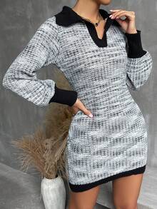 Chiquease 混合佈料拼接袋提臀毛衣連身裙 - 黑色 - 查看 6