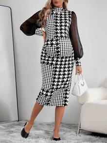 孕婦千鳥格網片拼接燈籠袖連衣裙 - 黑與白 - 查看 3