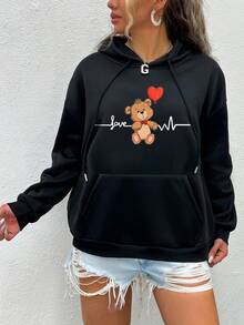 SHEIN EZwear Áo nỉ cỡ lớn in hình trái tim và gấu, túi kangaroo, vai rớt, dây rút. - màu đen - Xem 5