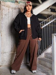 SHEIN EZwear Plus Slant Pocket Drop Shoulder Jacket - Black - View 3