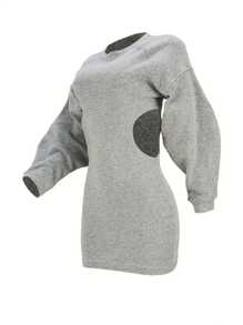 EMERY ROSE Plus Solid Drop Shoulder Raglan Sleeve Cut Out Waist Sweatshirt Dress Without Blouse Pullover Fall Outfit - Grey - View 1