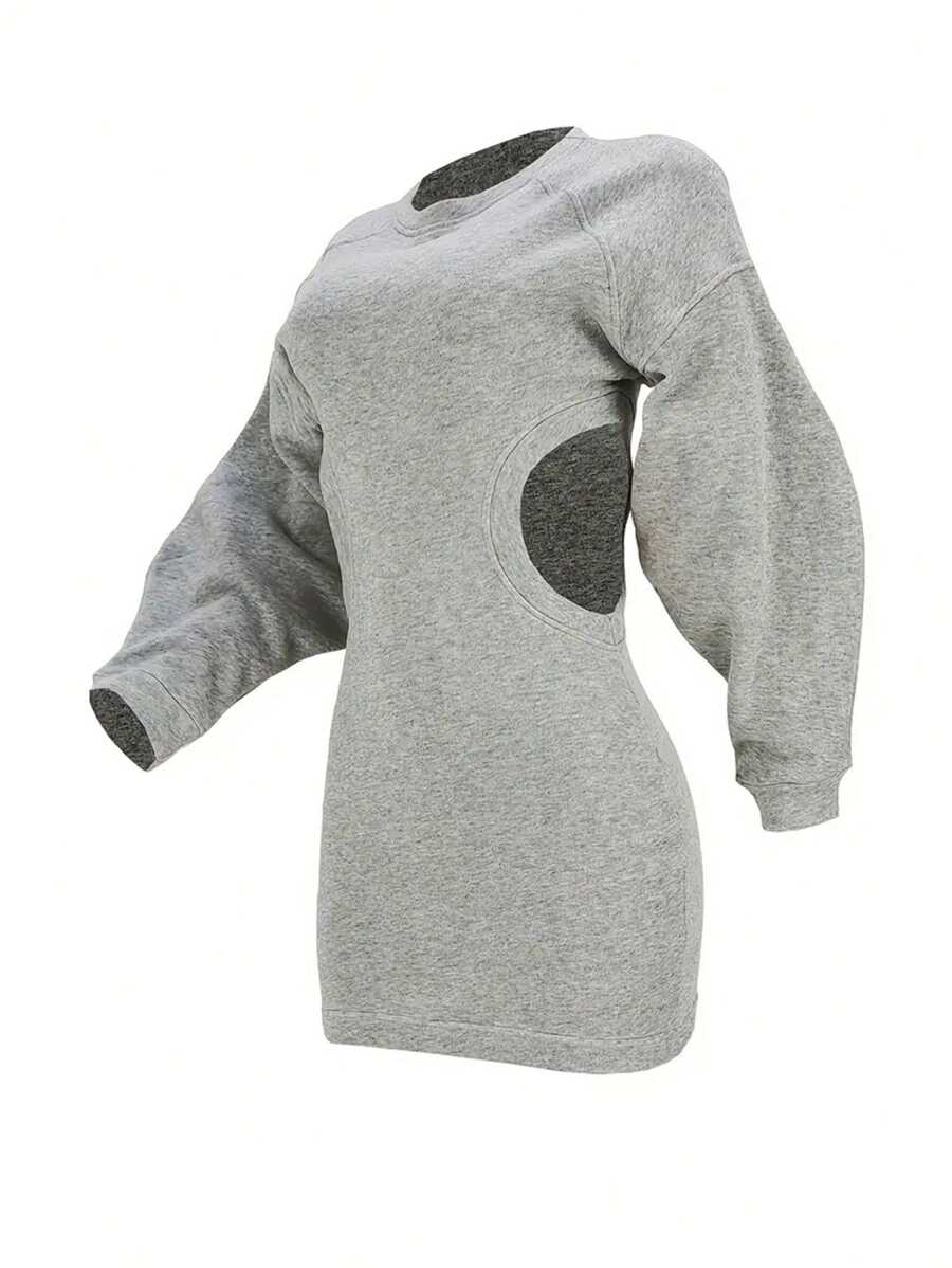 EMERY ROSE Plus Solid Drop Shoulder Raglan Sleeve Cut Out Waist Sweatshirt Dress Without Blouse Pullover Fall Outfit - Grey - View 1
