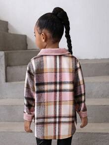SHEIN 女小童格紋翻蓋口袋落肩袖花呢外套 - 粉色 - 查看 3