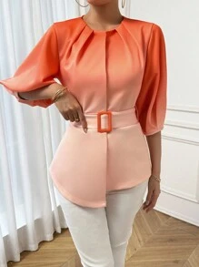 SHEIN Privé 漸層拼接細節燈籠袖不對稱下擺腰帶襯衫 - 彩色 - 查看 5