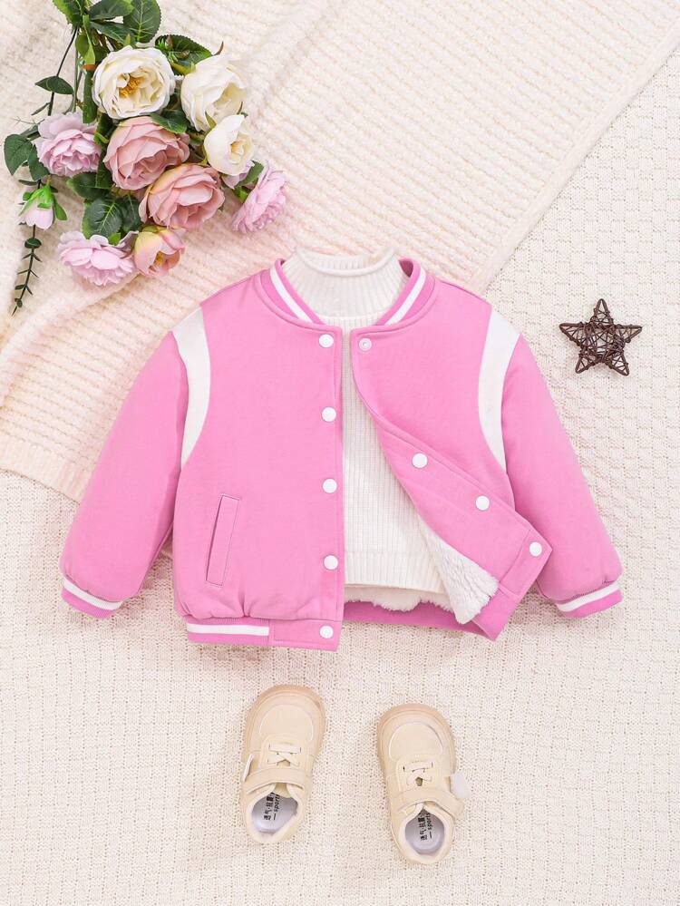 Baby Girls' Butterfly Printed Contrast Color Fleece Jacket With Back Design