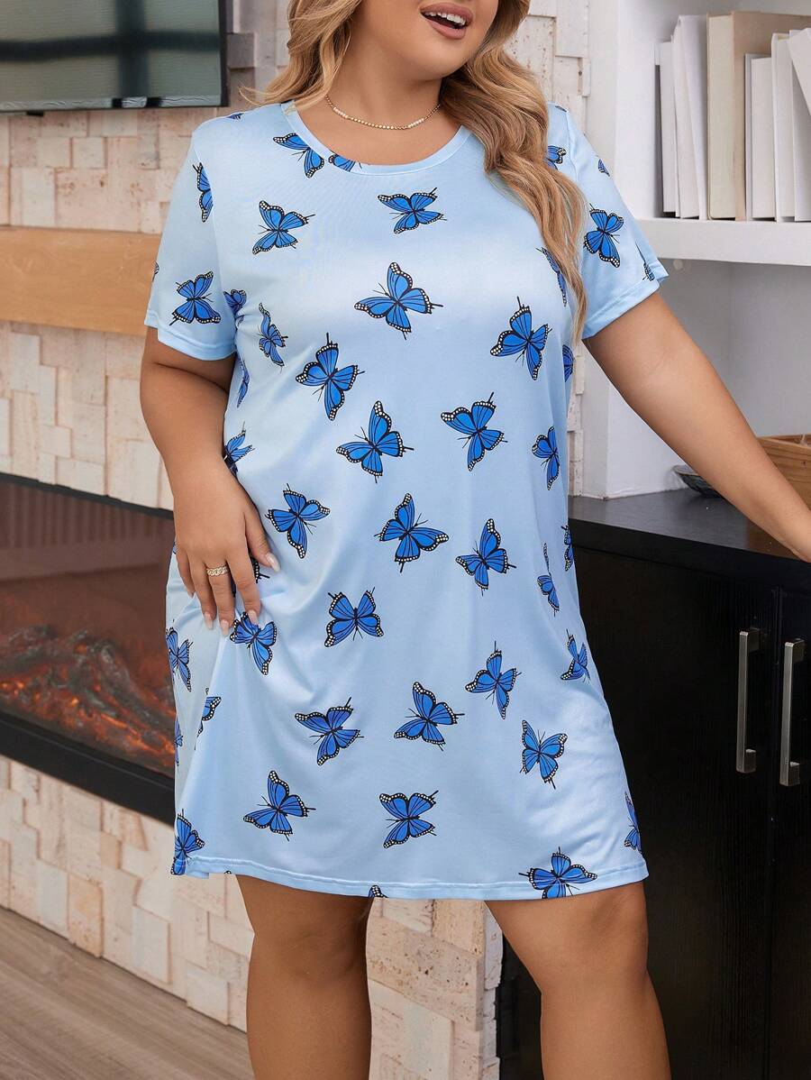 Plus Butterfly Print Pajama Nightdress - Blue - View 1
