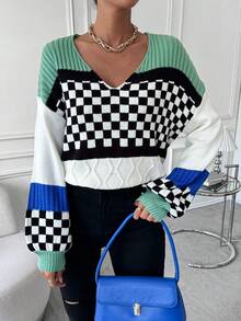 SHEIN Essnce 棋盤格圖案撞色落肩袖套頭毛衣 - 彩色 - 查看 6