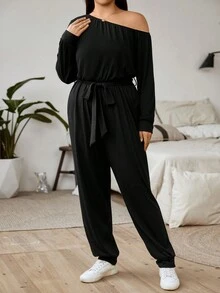 SHEIN Clasi Mono con cuello asimétrico y cinturón talla grande - Negro - Ver 4