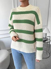 SHEIN Unity Striped Pattern Drop Shoulder Knit Pullover Fall Winter Sweater - Multicolor - View 3